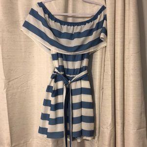 Blue and white striped off the shoulders romper